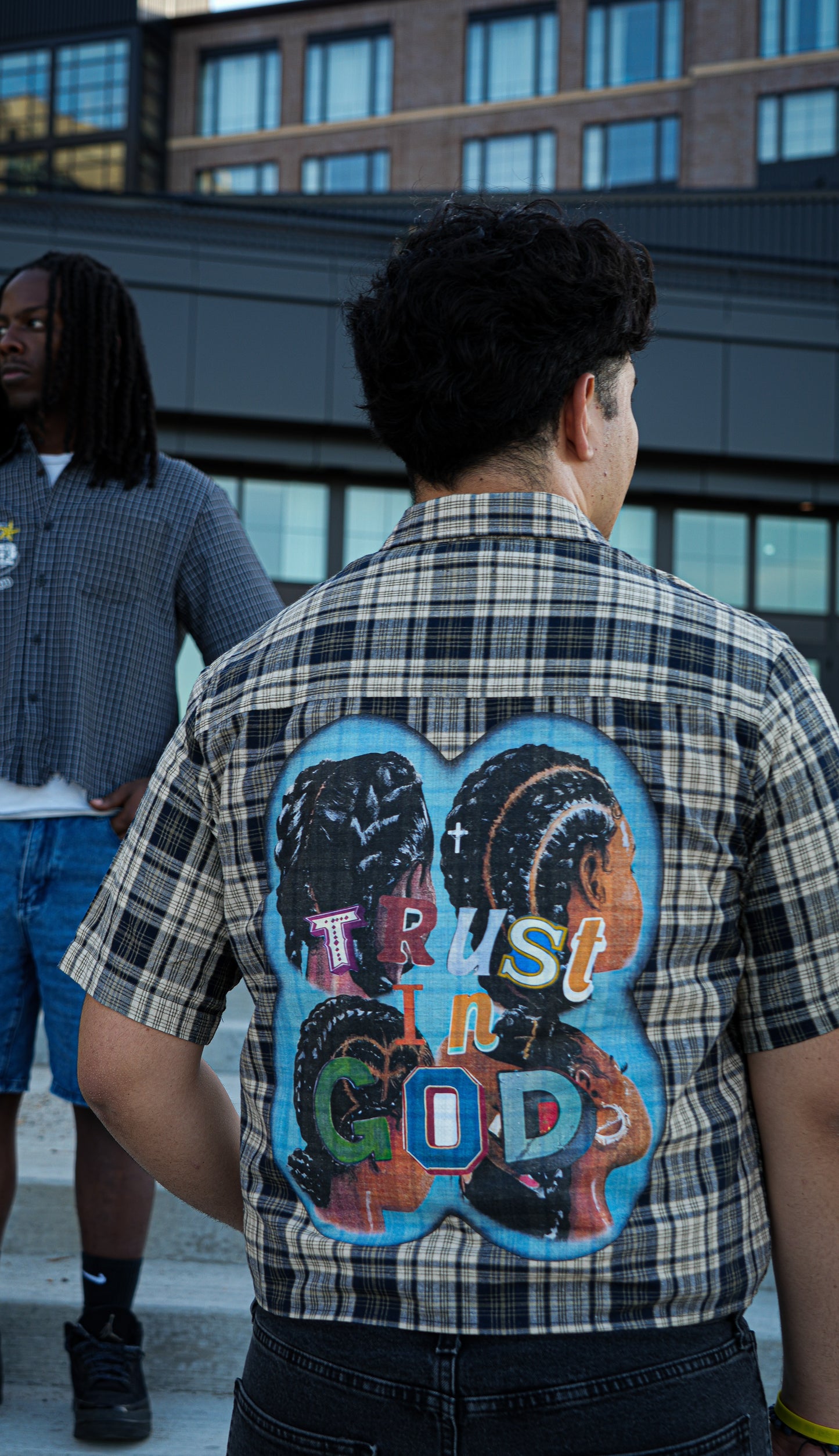 "TRUST IN GOD" - Plaid Boxy Short Sleeve Shirt