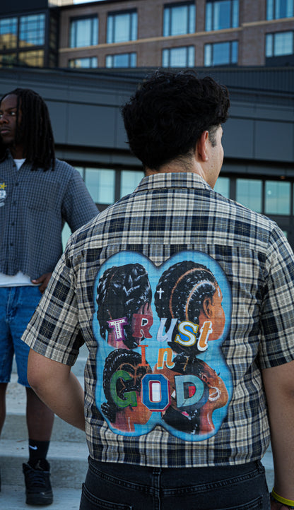 "TRUST IN GOD" - Plaid Boxy Short Sleeve Shirt
