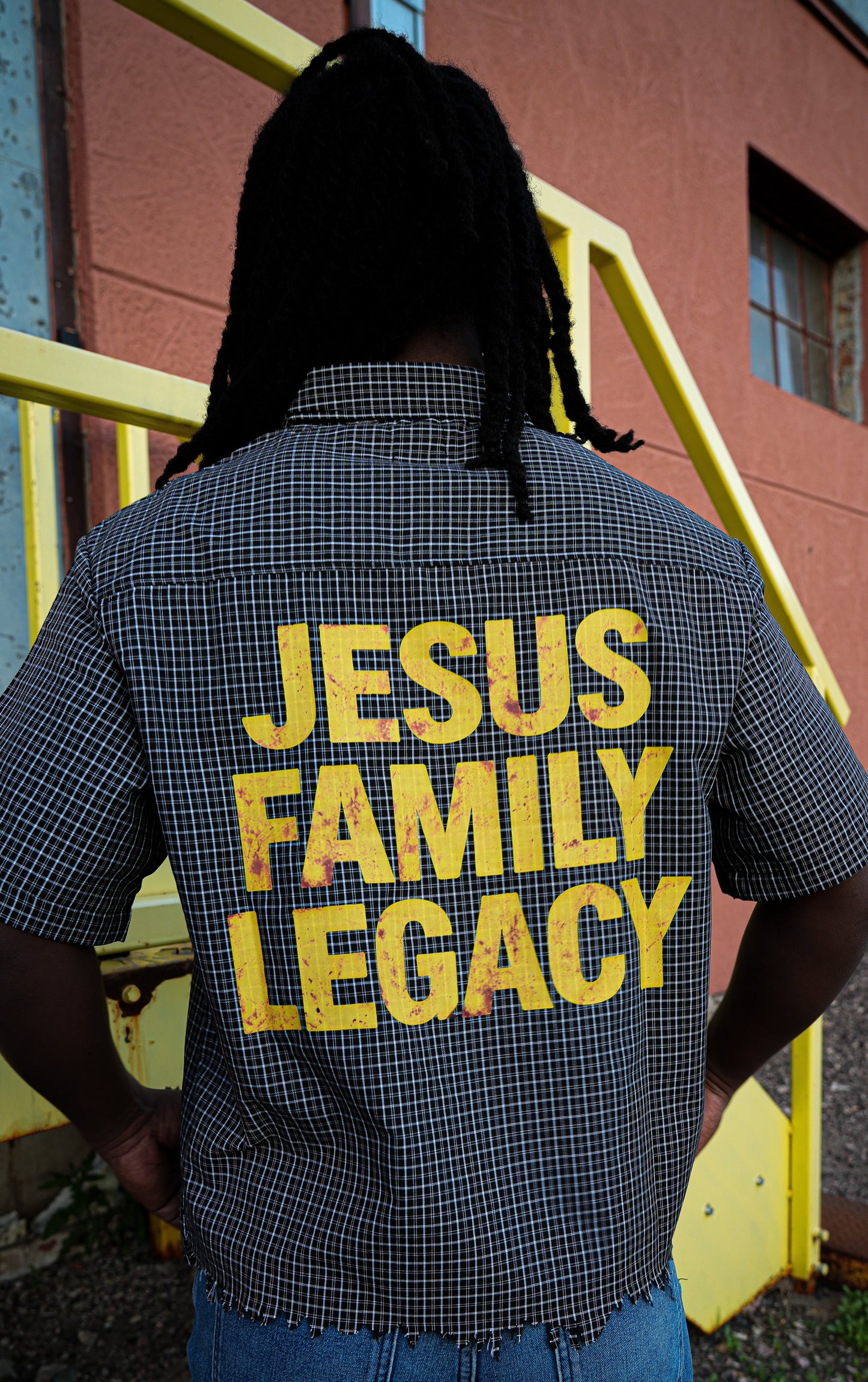 "JESUS FAMILY LEGACY" - Distressed Plaid Boxy Shirt