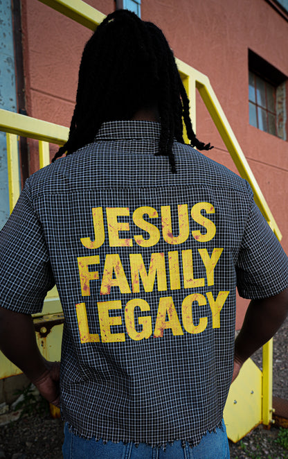 "JESUS FAMILY LEGACY" - Distressed Plaid Boxy Shirt