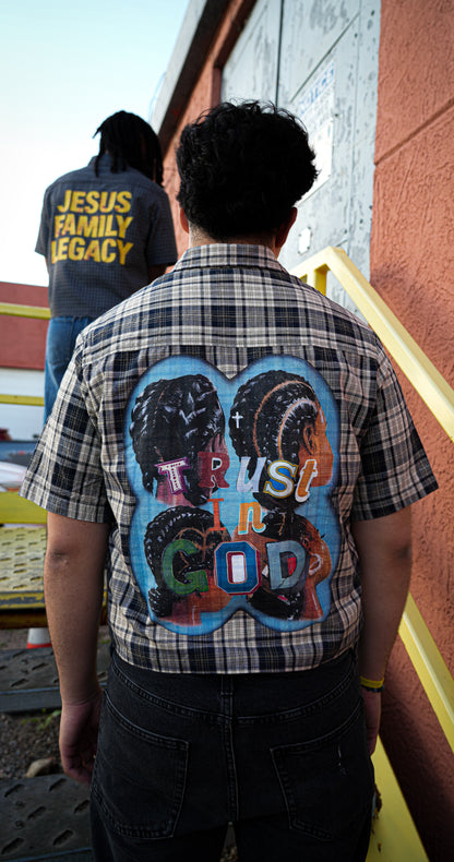 "TRUST IN GOD" - Plaid Boxy Short Sleeve Shirt
