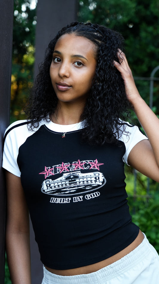 "BUILT BY GOD" - Contrast Stripes Bodycon Raglan Sleeve T-Shirt