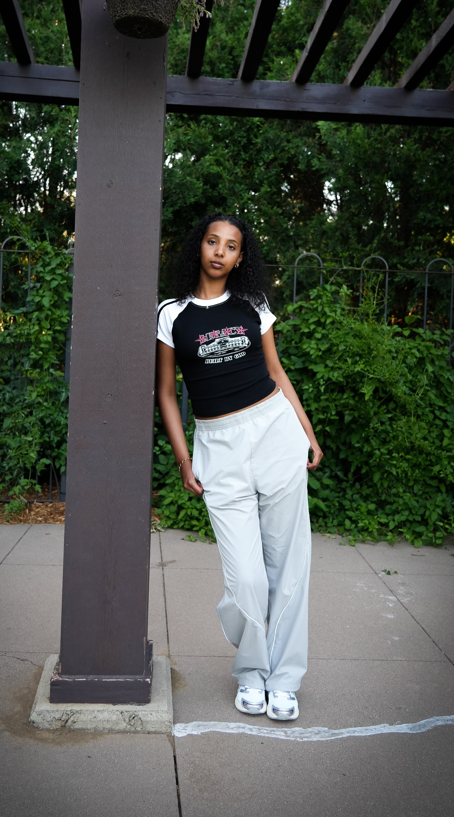 "BUILT BY GOD" - Contrast Stripes Bodycon Raglan Sleeve T-Shirt