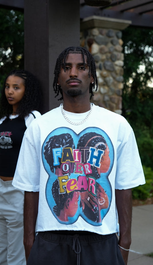 "FAITH OVER FEAR" - Vintage Wash Boxy Distressed Hem T-Shirt