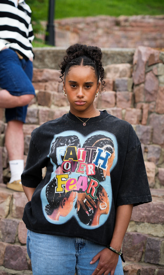 "FAITH OVER FEAR" - Vintage Wash Boxy Distressed Hem T-Shirt
