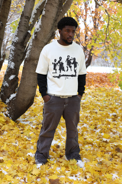 "DON'T LOOK BACK" TEE (Layered Contrast Sleeve)