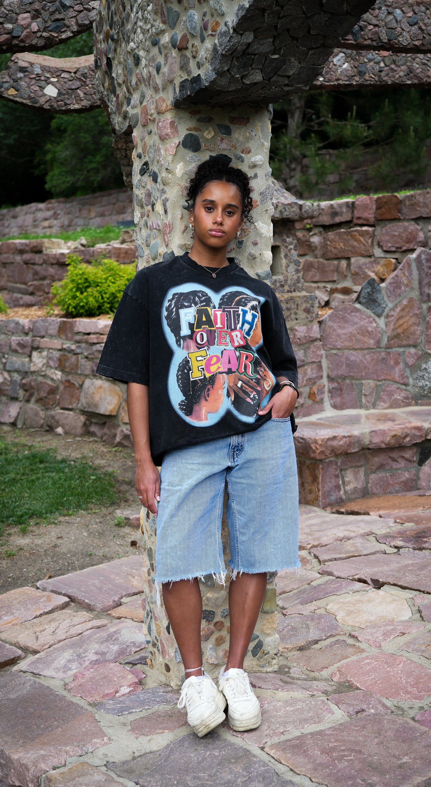 "FAITH OVER FEAR" - Vintage Wash Boxy Distressed Hem T-Shirt